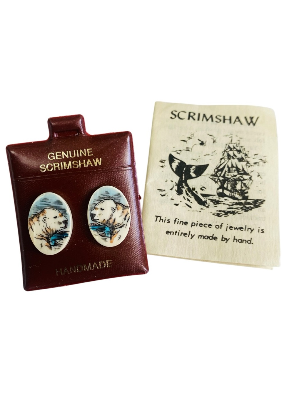 Genuine Scrimshaw Polar Bear Earrings Handmade